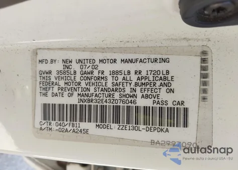 2003 Toyota Corolla Ce z USA, uszkodzony, nr VIN 1NXBR32E43Z076046